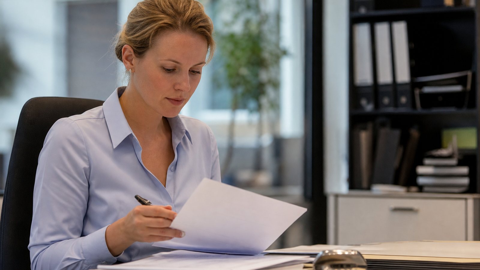 Entrepreneur examinant une facture impayée à son bureau, calculatrice à la main